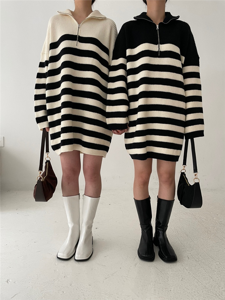 ボーダー服 ジッパー付きボーダーニットワンピース厚手暖かセーター