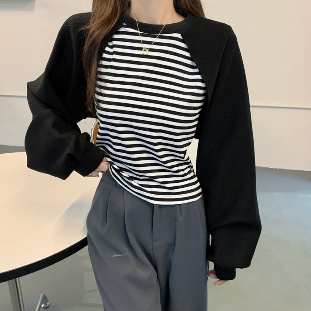 ボーダー服 ボーダー柄ドッキング長袖カットソー