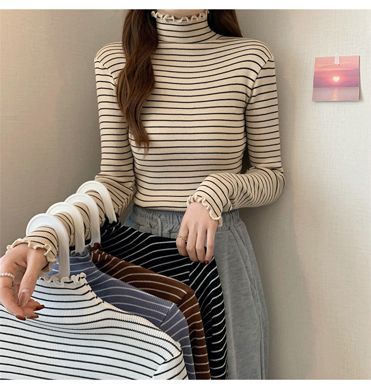 ボーダー服 上質素材の細ボーダータートルネックニット秋冬レディース