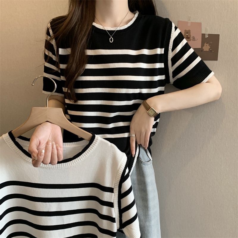 ボーダー服 レディース半袖ボーダーニットトップス夏新作