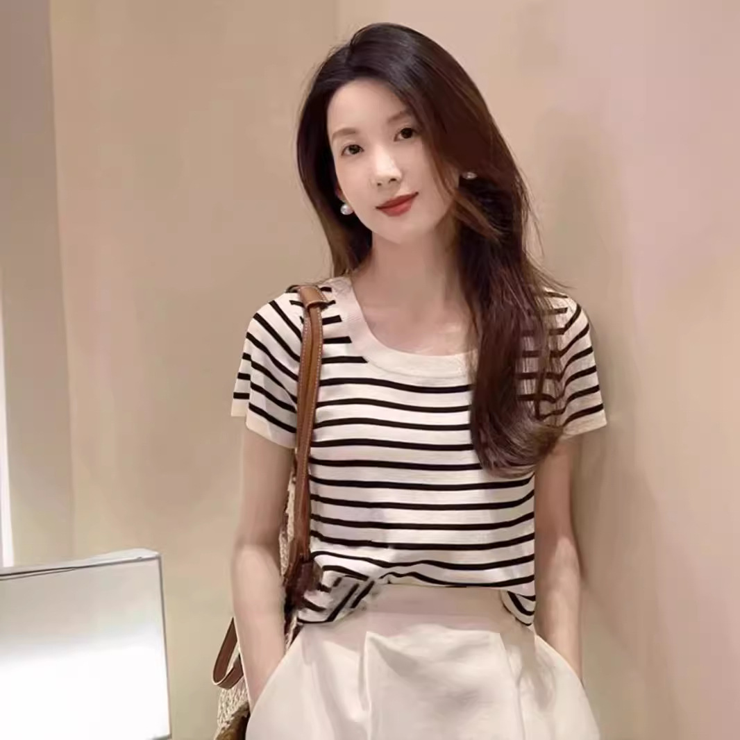 ボーダー服 ボーダー服 クラシック細ボーダー丸首Tシャツ