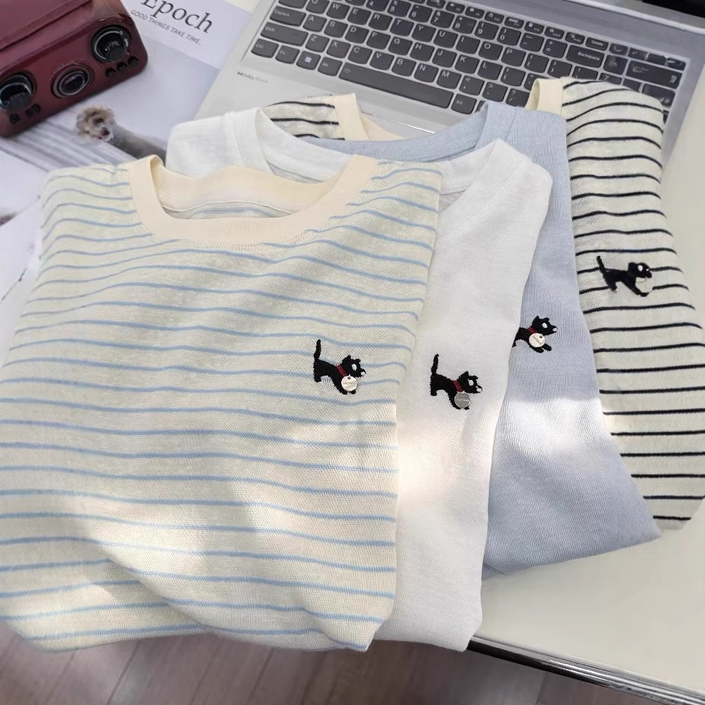 ボーダー服 ねこさん刺繍入りボーダーTシャツ