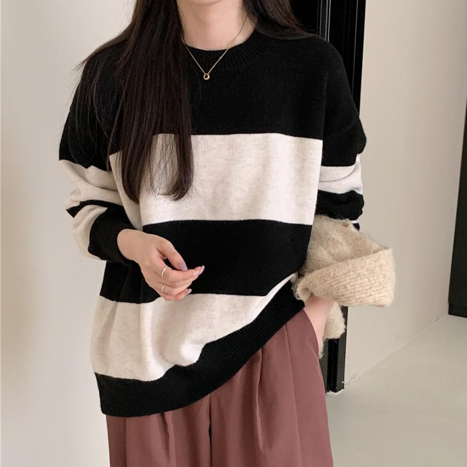 ボーダー服 新作 ボーダー柄ニットセーター ゆったりプルオーバー
