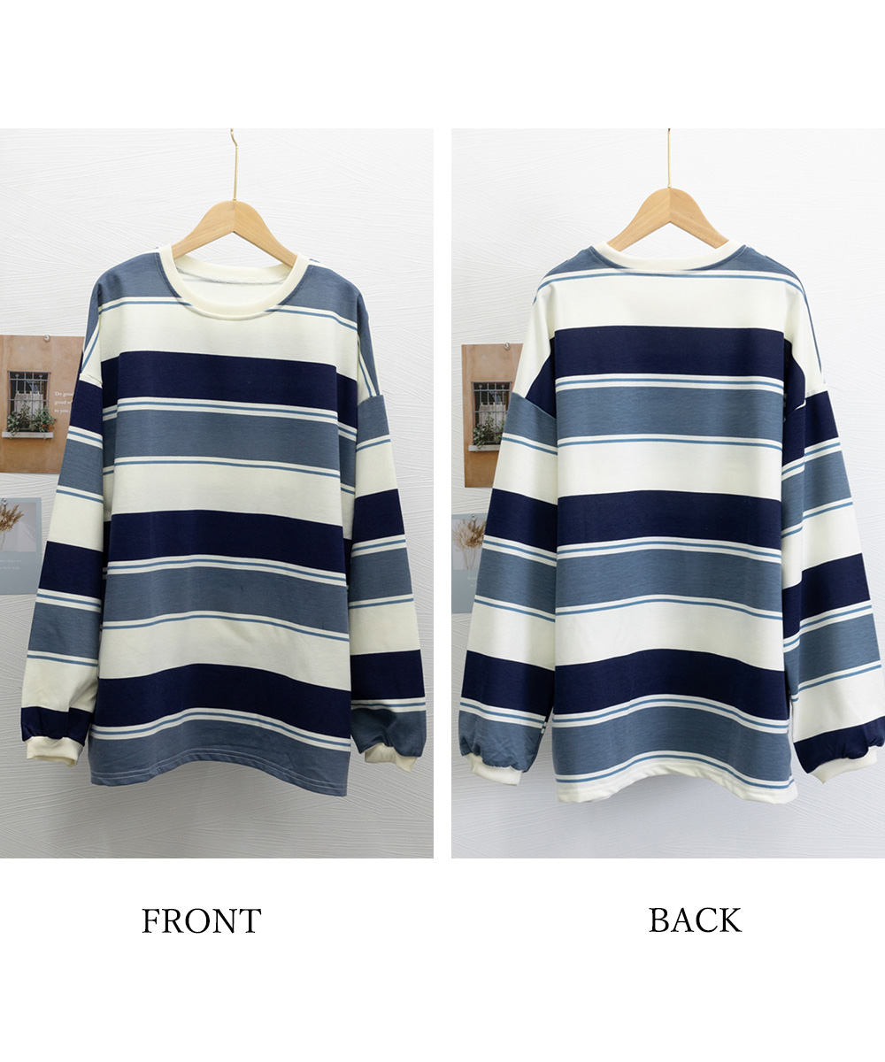 ボーダー服 ボーダー柄配色トレーナー丸首長袖カットソー