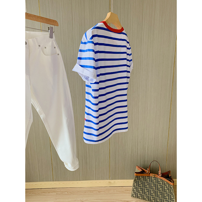 ボーダー服 ボーダー服 爽やか海風リブネック細ボーダーシャツ
