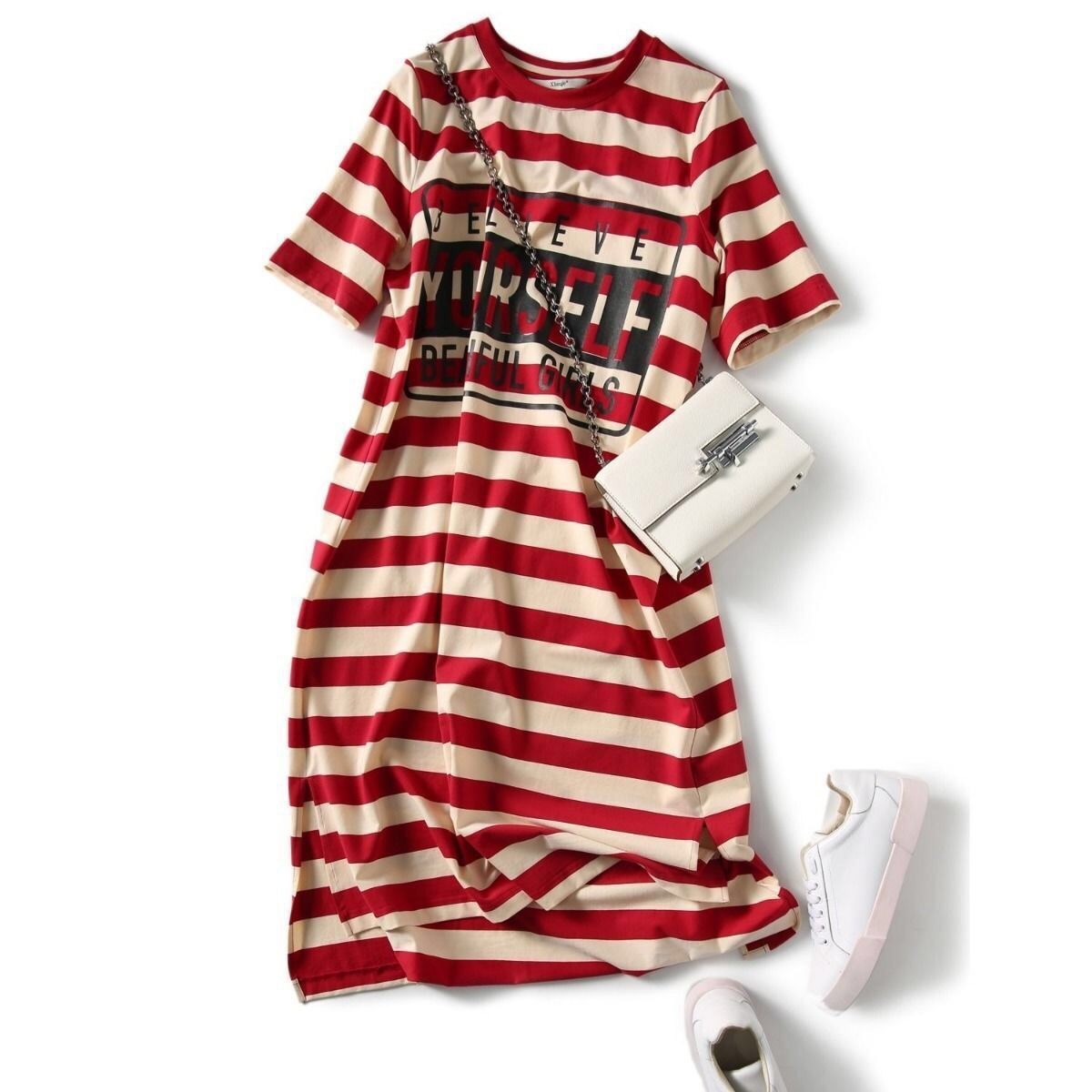 ボーダー服 ボーダー服 ロゴプリント入りボーダーワンピース