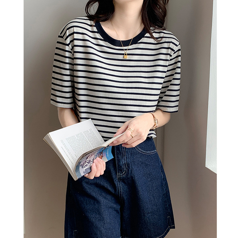 ボーダー服 リブネック 爽やかボーダー半袖