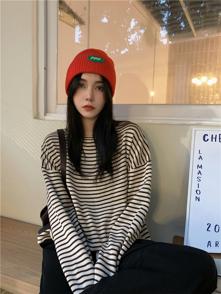 ボーダー服 ロンT ゆったりボーダー丸首ロンT長袖