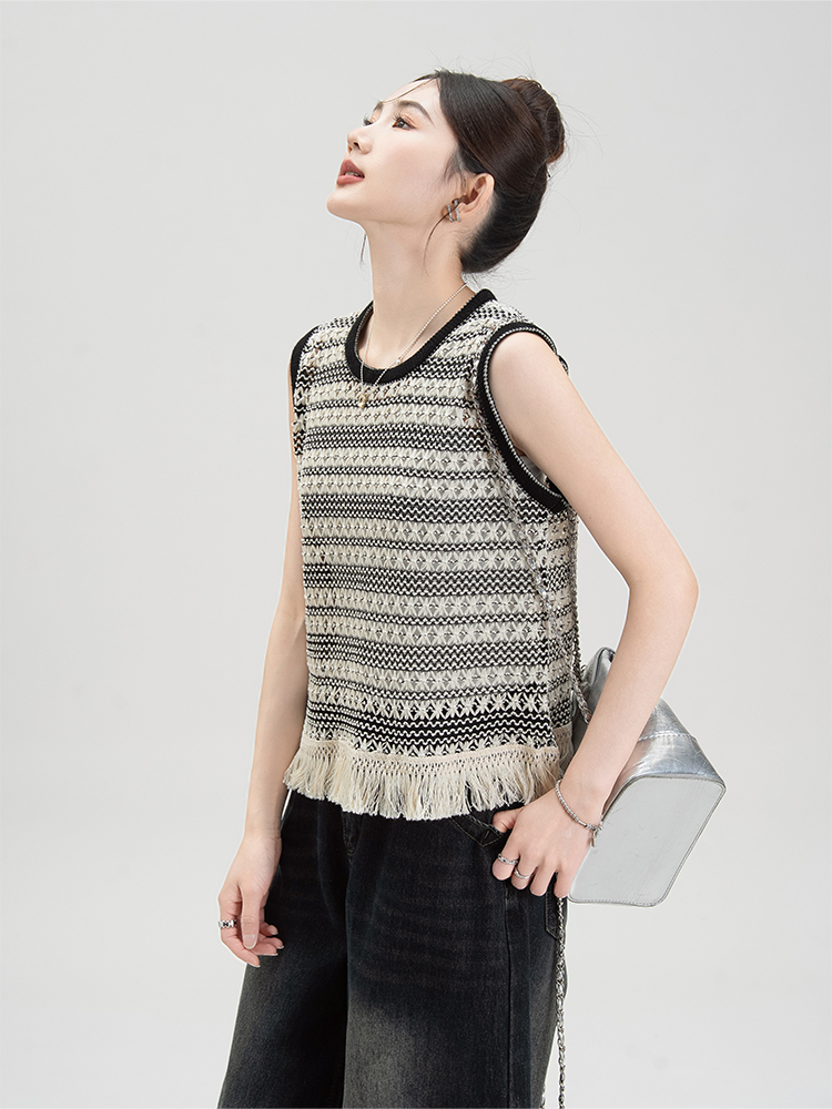 ボーダー服 民族風フリンジ付きボーダータンクトップ