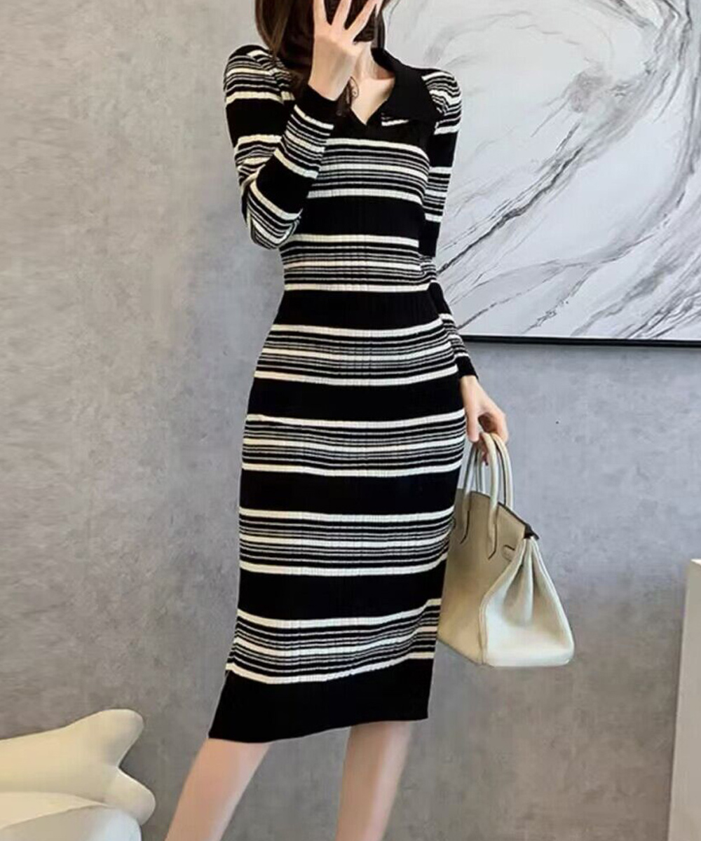 ボーダー服 襟付きボーダーニットワンピース 長袖タイトワンピ