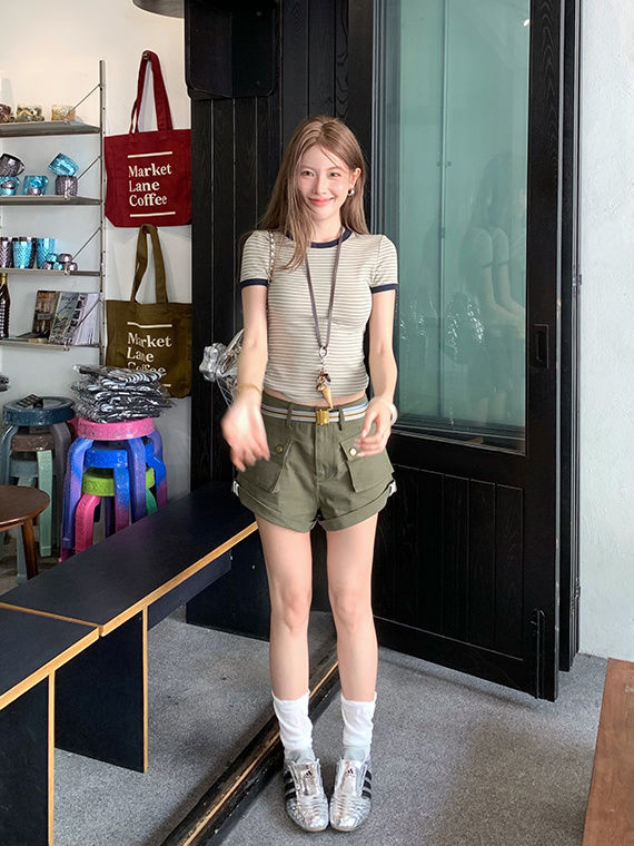 ボーダー服 すっきり細身リブ縞模様Tシャツ