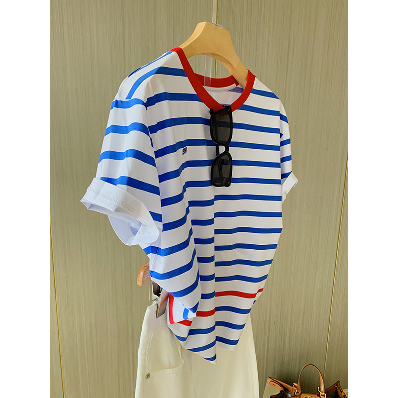 ボーダー服 ボーダー服 爽やか海風リブネック細ボーダーシャツ