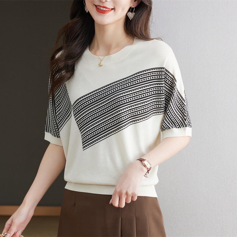 ボーダー服 ボーダー服 幾何学ボーダー切替ニットTシャツ