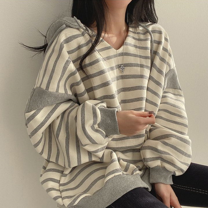 ボーダー服 ボーダー柄フード付きパーカー秋冬レディースゆったり
