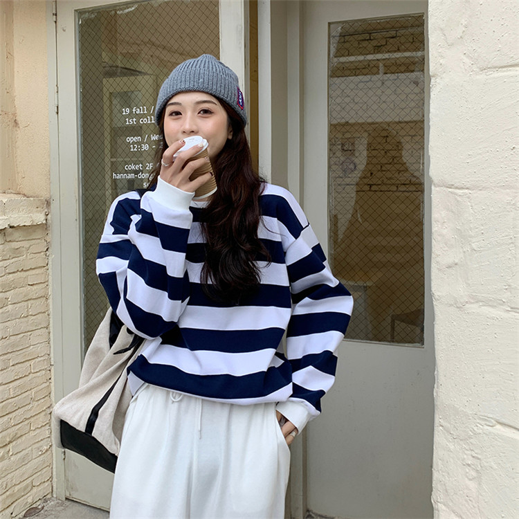 ボーダー服 ロンT ゆったり暖かボーダー柄厚手丸首ロンT