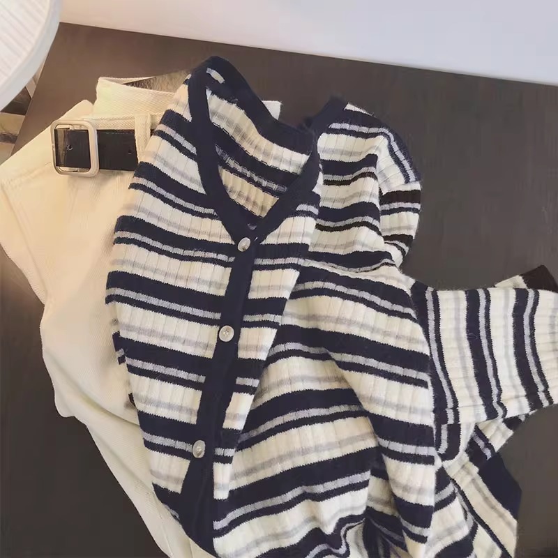 ボーダー服 リブ編みボーダーカーディガン