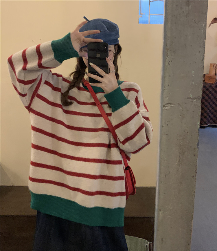 ボーダー服 ボーダーニットセーター レディース ゆったりリラックス風トップス