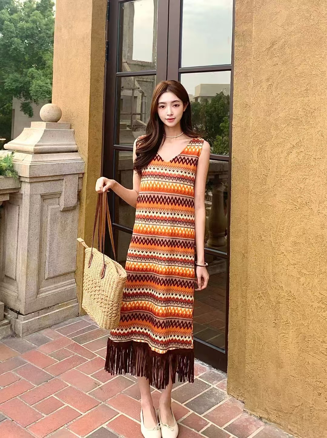 ボーダー服 ボーダー服 民族調フリンジボーダーワンピース
