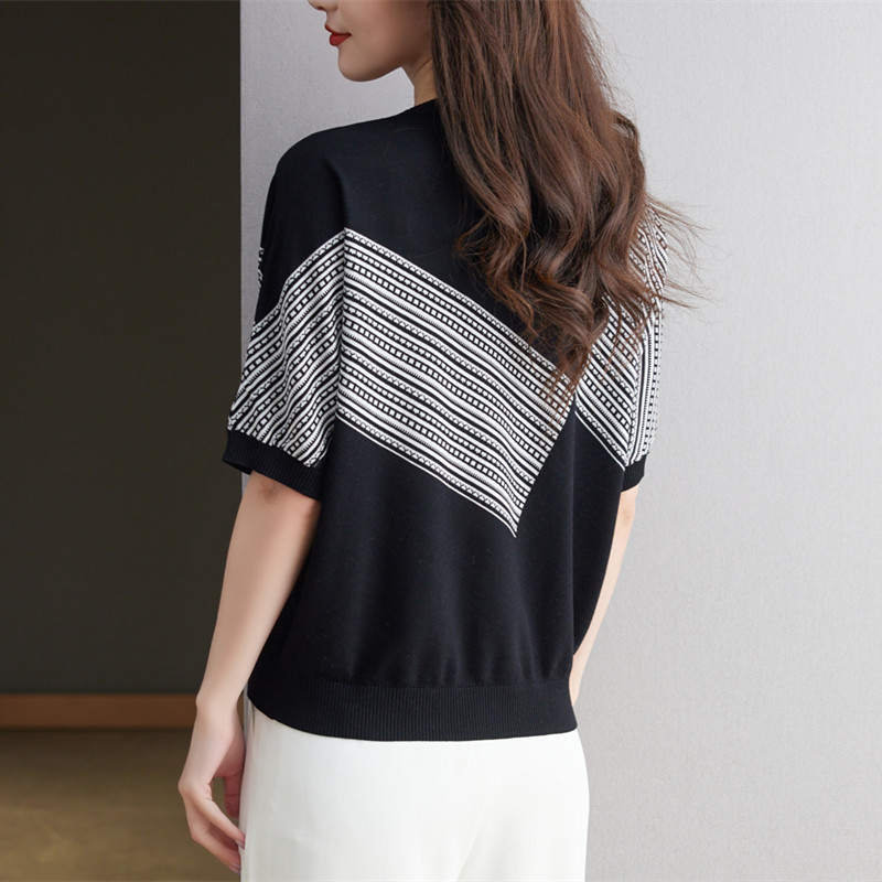ボーダー服 ボーダー服 幾何学ボーダー切替ニットTシャツ