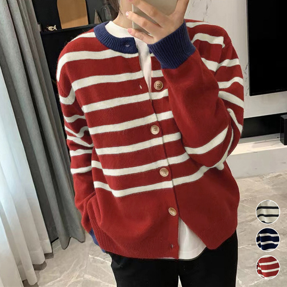 ボーダー服 ボーダー柄ニットカーディガン レディース 配色デザイン