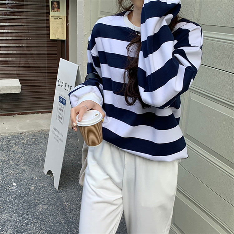 ボーダー服 ロンT ゆったり暖かボーダー柄厚手丸首ロンT