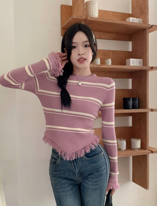 ボーダー服 レディース ボーダーニット フリンジ付き 長袖セーター