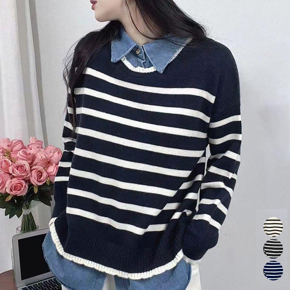 ボーダー服 ボーダーニット重ね着風長袖トップス