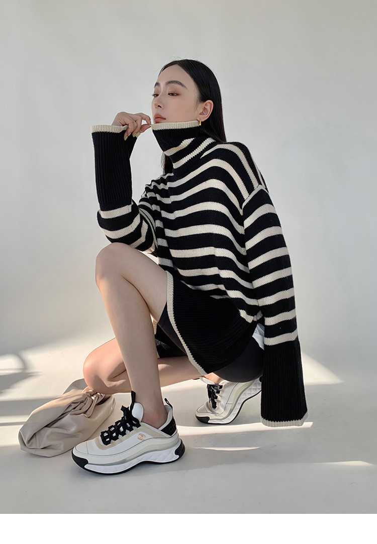 ボーダー服 ボーダー柄タートルネックセーター ゆったりニット