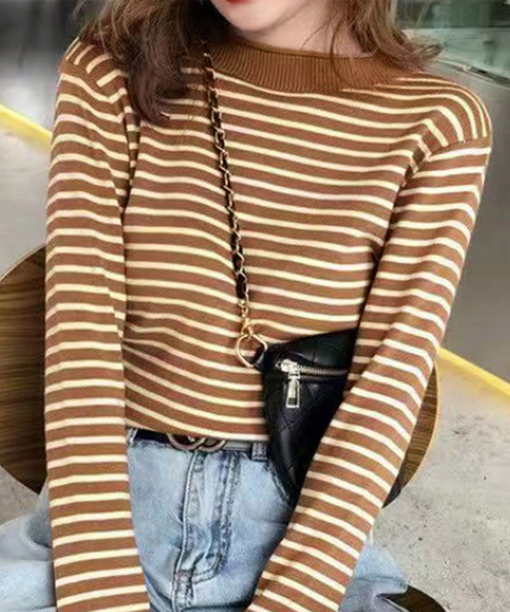 ボーダー服 ボーダー柄長袖ニットトップス