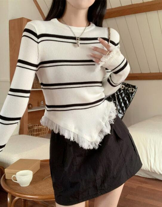 ボーダー服 レディース ボーダーニット フリンジ付き 長袖セーター