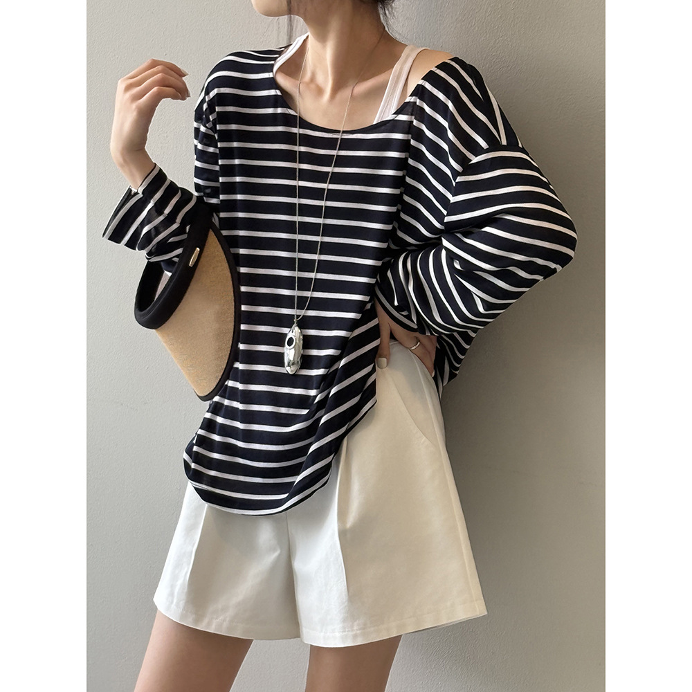 ボーダー服 ゆったりボーダー長袖カットソー