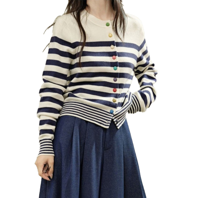 ボーダー服 ボーダー柄カーディガン カラフルボタン丸首ニット