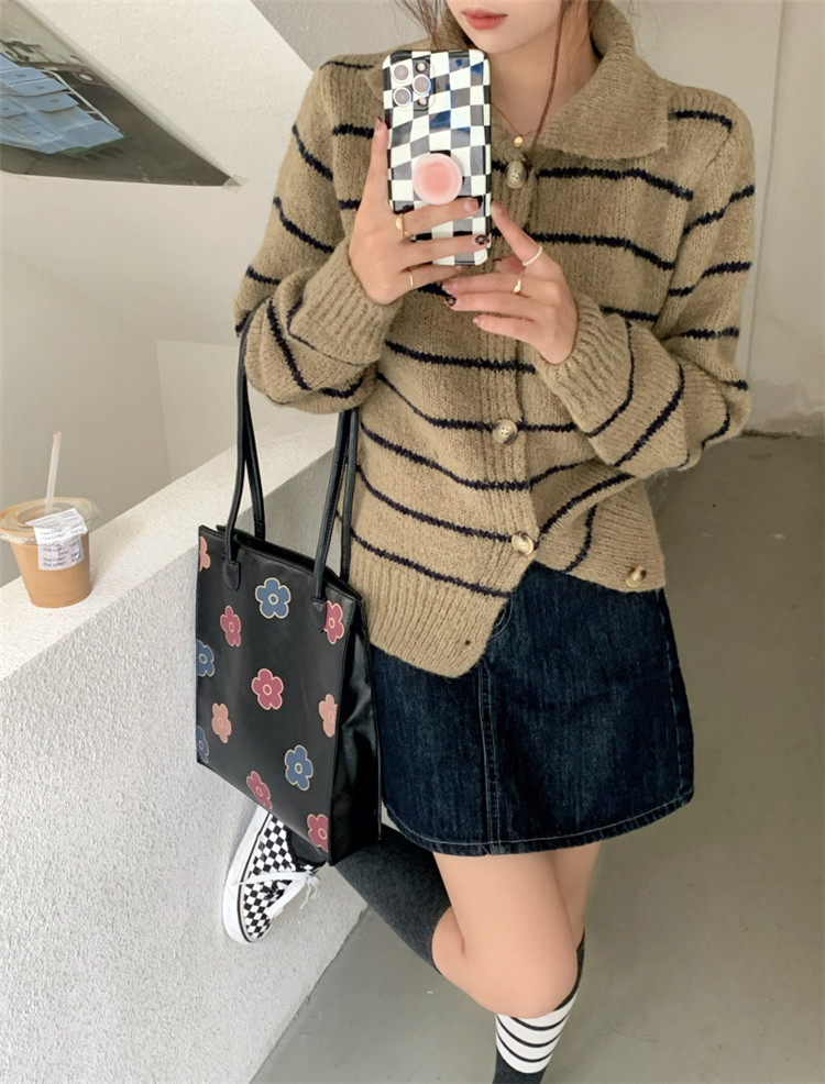 ボーダー服 復古気質ボーダーカーディガン長袖ニット