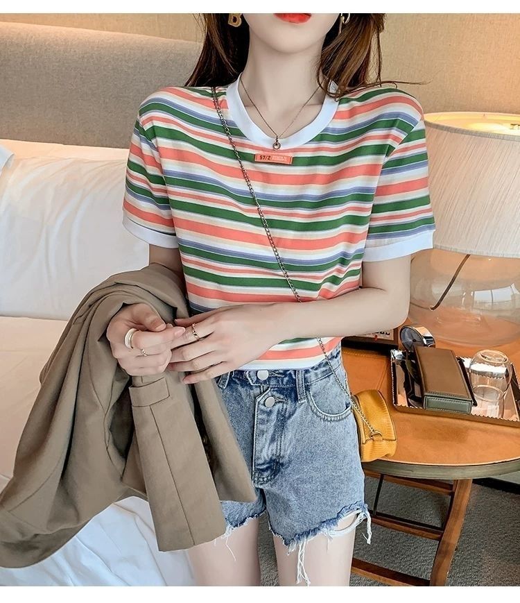 ボーダー服 ボーダー服 マルチボーダー丸首ゆったりTシャツ