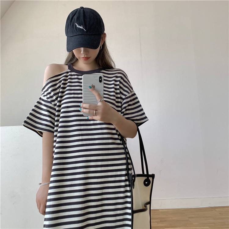 ボーダー服 肩見せボーダーゆったりワンピース