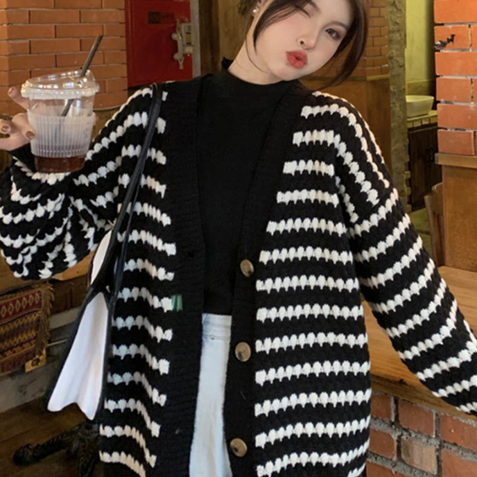 ボーダー服 秋冬新作ゆったりボーダーカーディガン羽織りニット