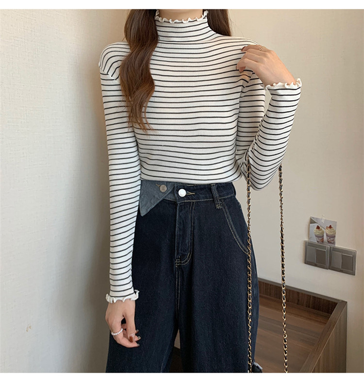 ボーダー服 上質素材の細ボーダータートルネックニット秋冬レディース