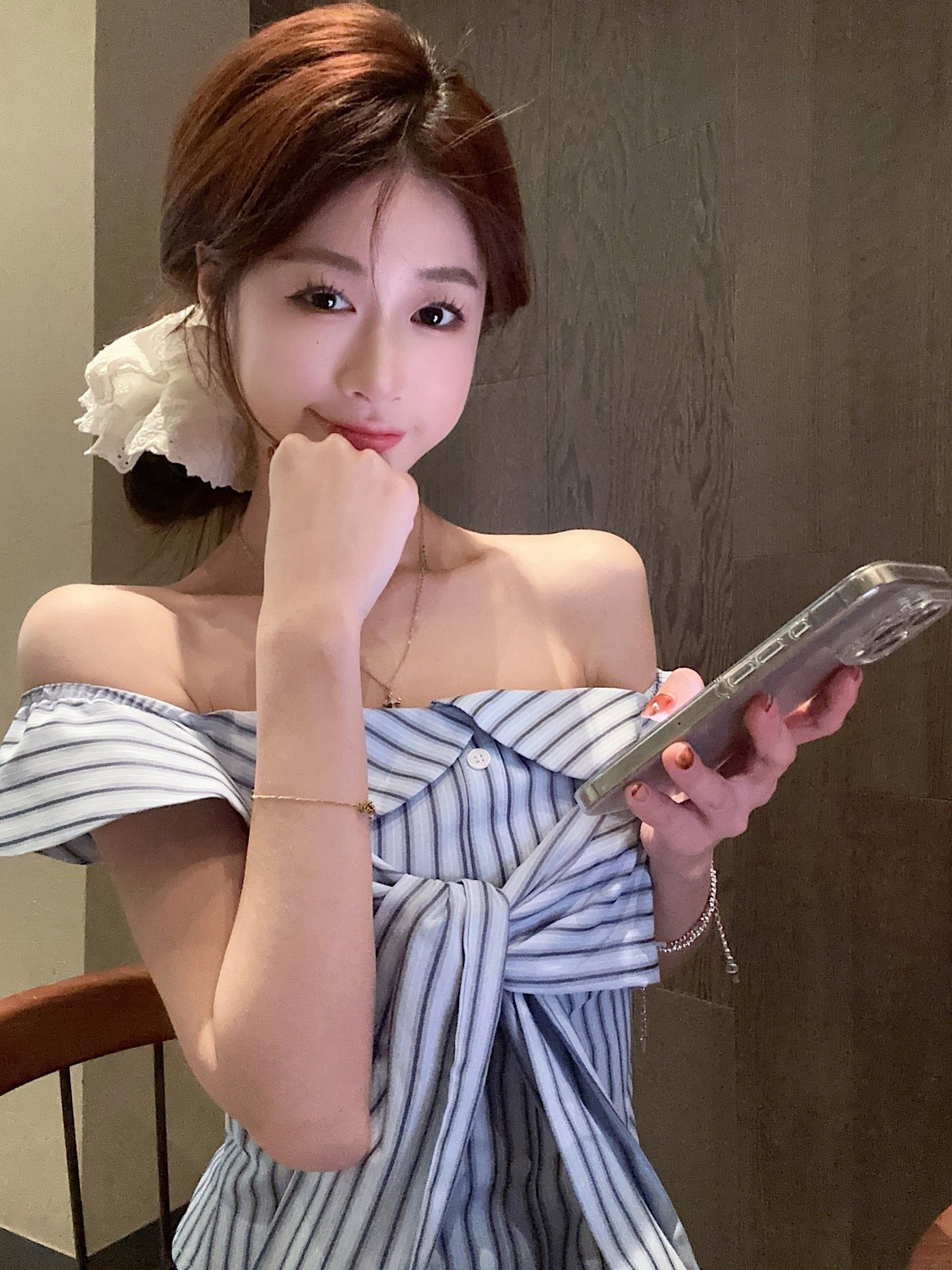 ボーダー リボン結びオフショルダーボーダー