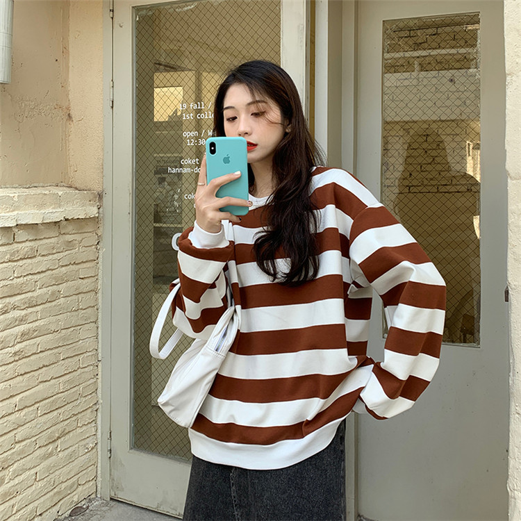 ボーダー服 ロンT ゆったり暖かボーダー柄厚手丸首ロンT