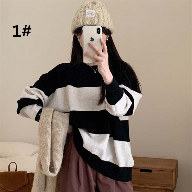 ボーダー服 新作 ボーダー柄ニットセーター ゆったりプルオーバー