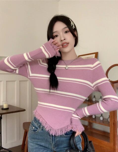 ボーダー服 レディース ボーダーニット フリンジ付き 長袖セーター