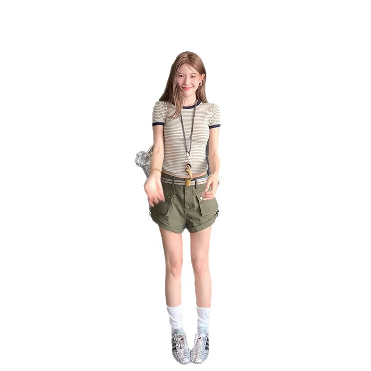 ボーダー服 すっきり細身リブ縞模様Tシャツ