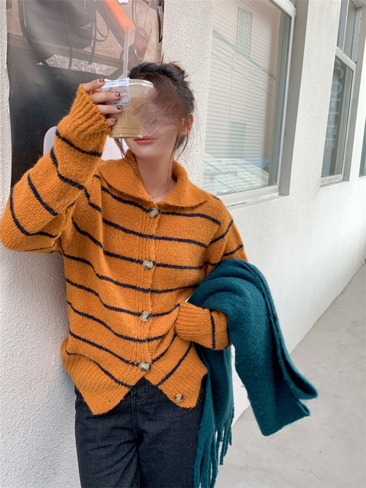 ボーダー服 復古気質ボーダーカーディガン長袖ニット