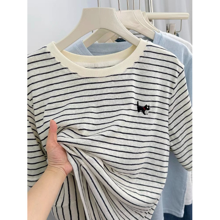 ボーダー服 ねこさん刺繍入りボーダーTシャツ