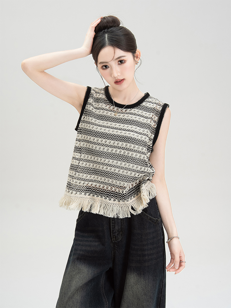ボーダー服 民族風フリンジ付きボーダータンクトップ
