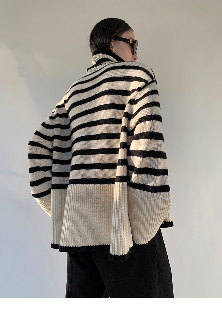 ボーダー服 ボーダー柄タートルネックセーター ゆったりニット