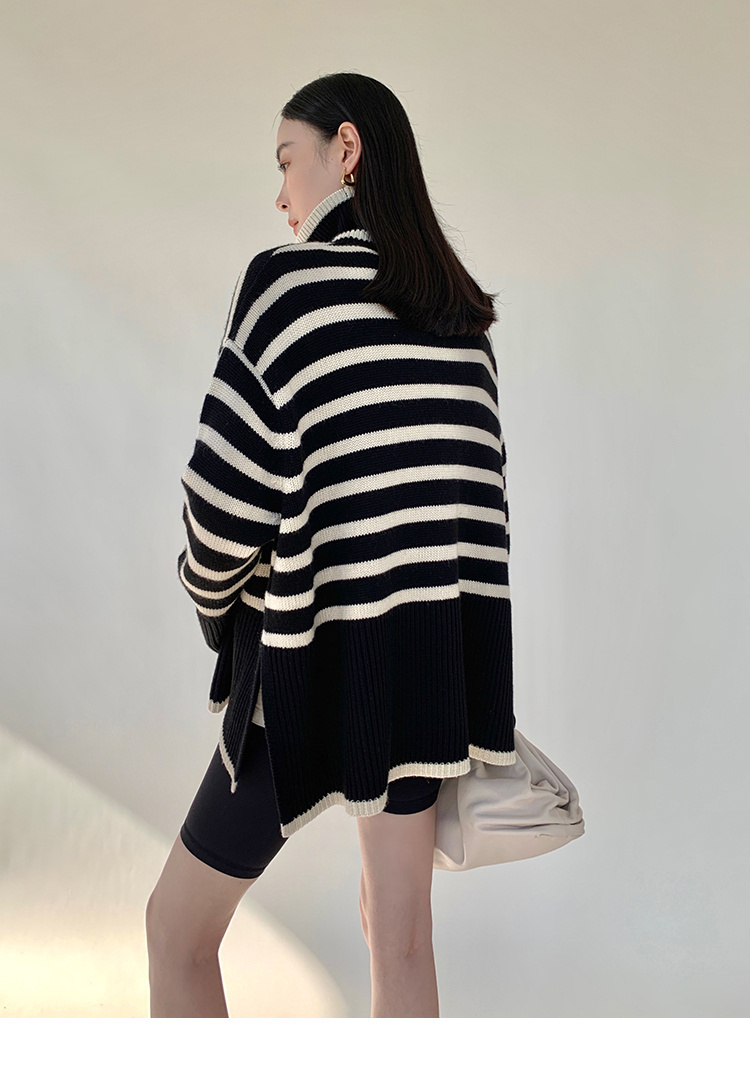 ボーダー服 ボーダー柄タートルネックセーター ゆったりニット