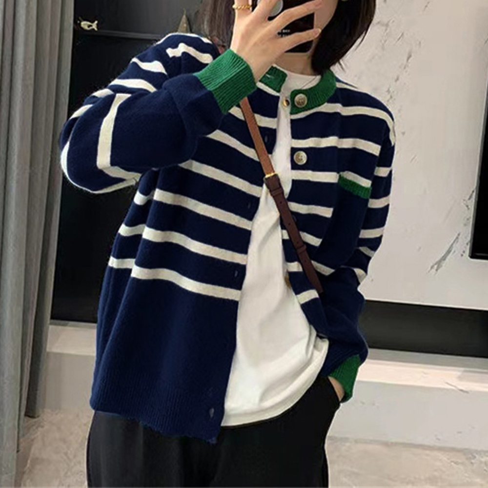 ボーダー服 ボーダー柄ニットカーディガン レディース 配色デザイン