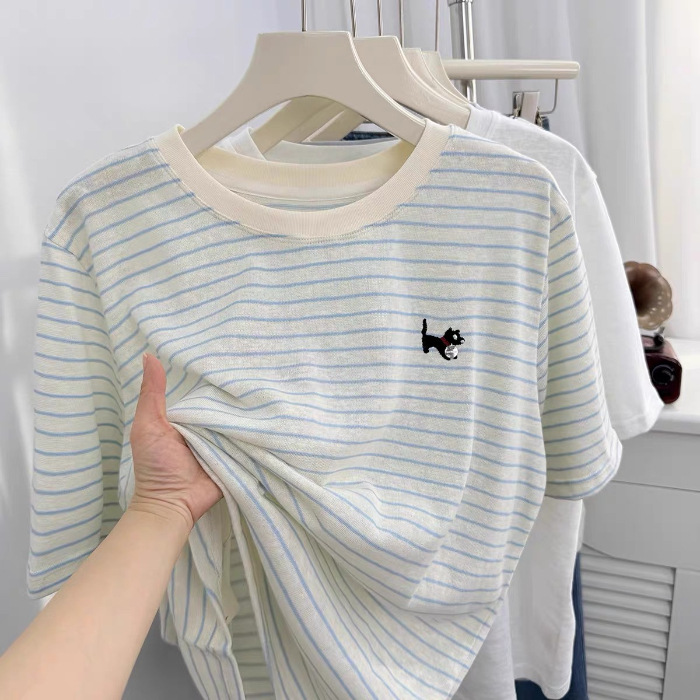 ボーダー服 ねこさん刺繍入りボーダーTシャツ