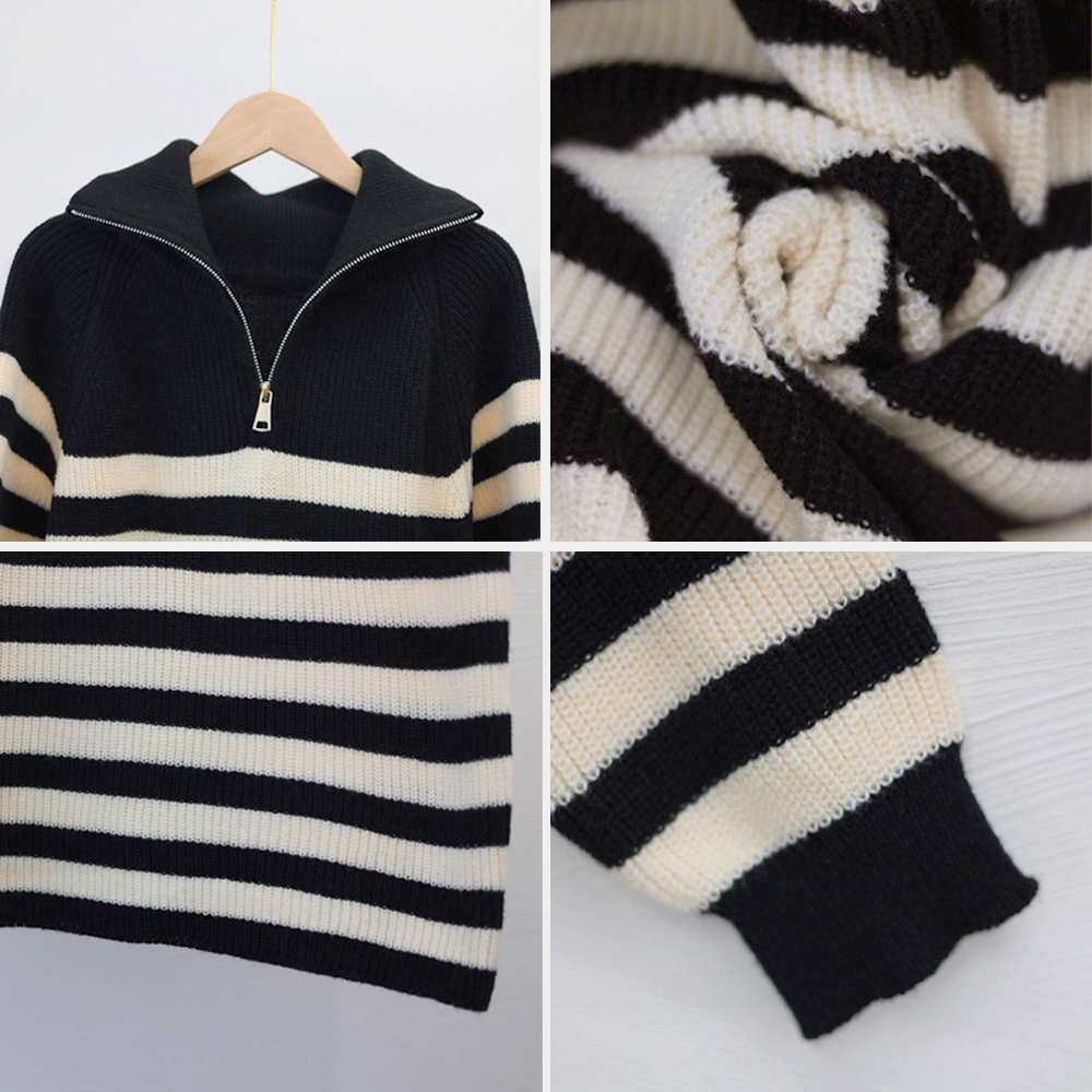 ボーダー服 ボーダーニット長袖ワンピース 襟付きジップ